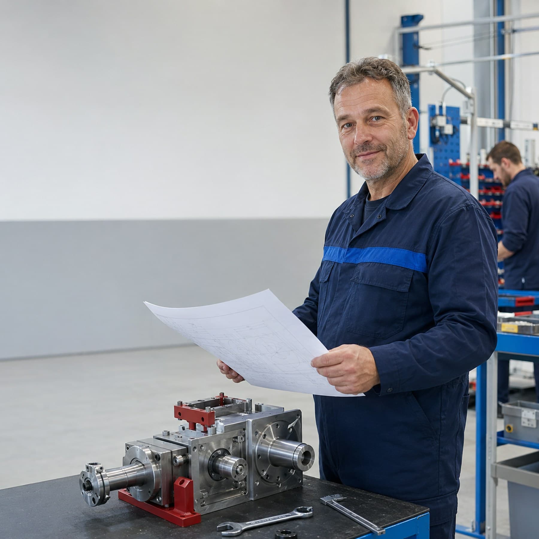 Industriemechaniker prüft eine technische Zeichnung an einem Bauteil